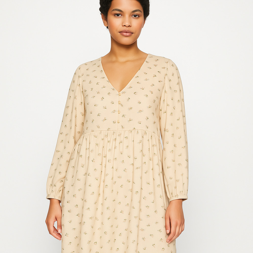 Monkl Dress Womens Large‎ Beige Babydoll Floral VNeck LongSleeve Boho Chic